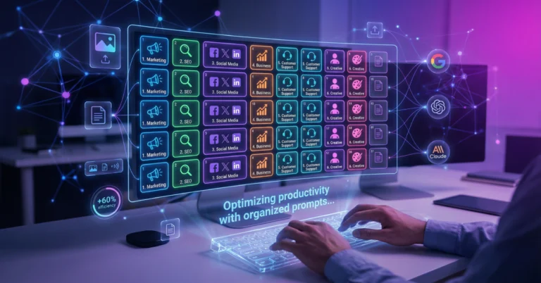 50 multimodal AI prompts organized by category including marketing, SEO, social media, business analysis, customer support, and creative workflows for Gemini 3 Pro, GPT-5.2, and Claude Opus 4.5 with visual prompt library interface showing image-text prompt examples