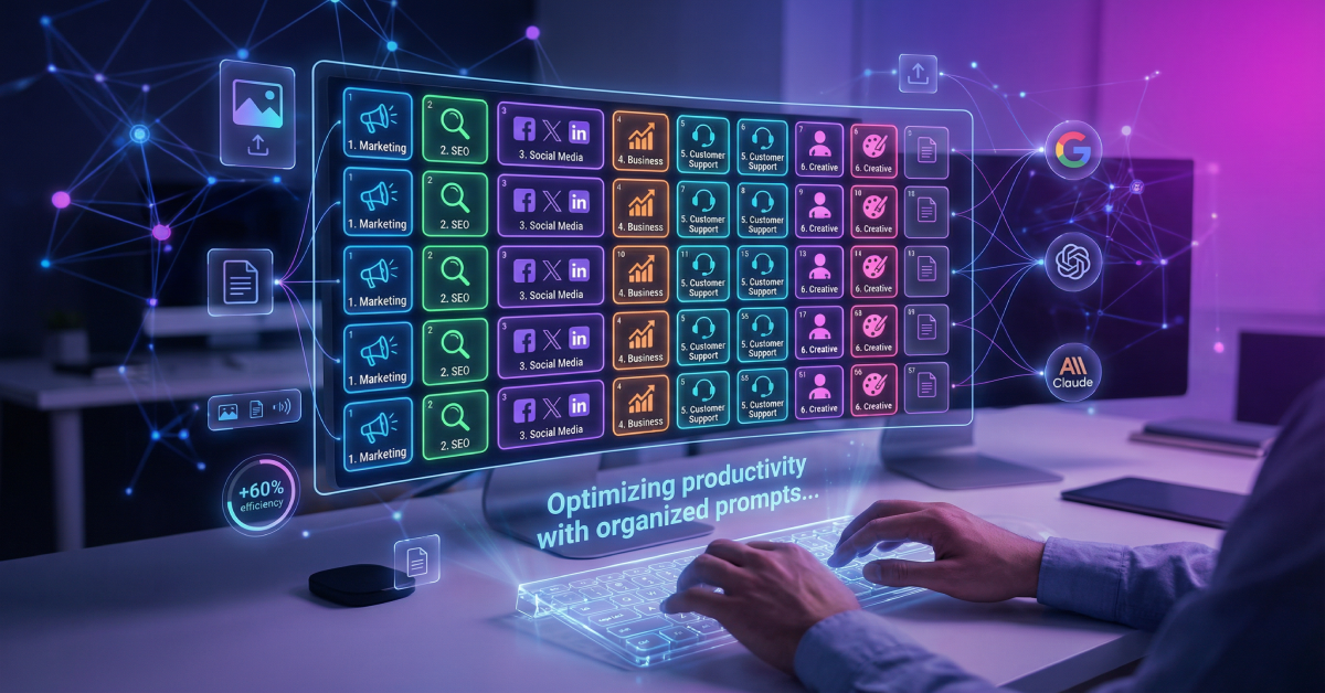 50 multimodal AI prompts organized by category including marketing, SEO, social media, business analysis, customer support, and creative workflows for Gemini 3 Pro, GPT-5.2, and Claude Opus 4.5 with visual prompt library interface showing image-text prompt examples