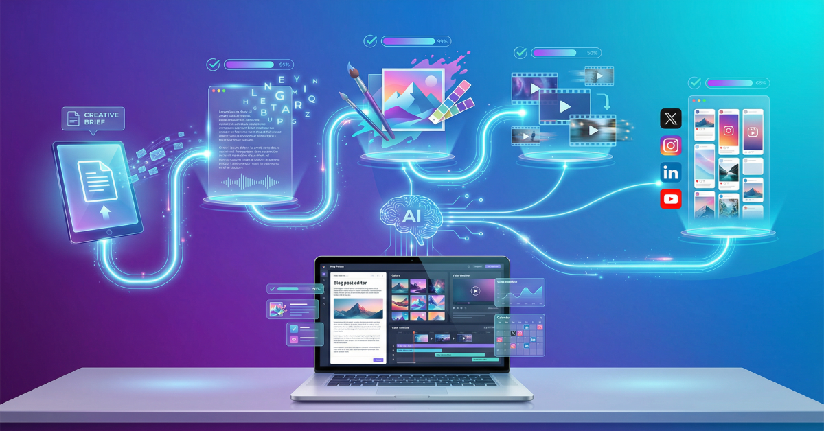 AI content creation workflows guide showing automated multimodal system transforming creative brief into blog posts social media graphics and video content for 2026