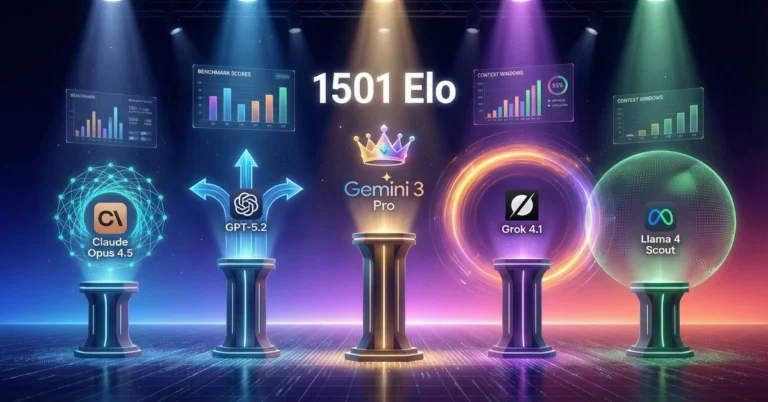 Best multimodal AI models 2026 comparison featuring Gemini 3 Pro ranked number one with 1501 Elo, GPT-5.2 with three variants, Claude Opus 4.5 extended thinking, Grok 4.1 with 2 million tokens, and Llama 4 Scout with 10 million token context window for business applications
