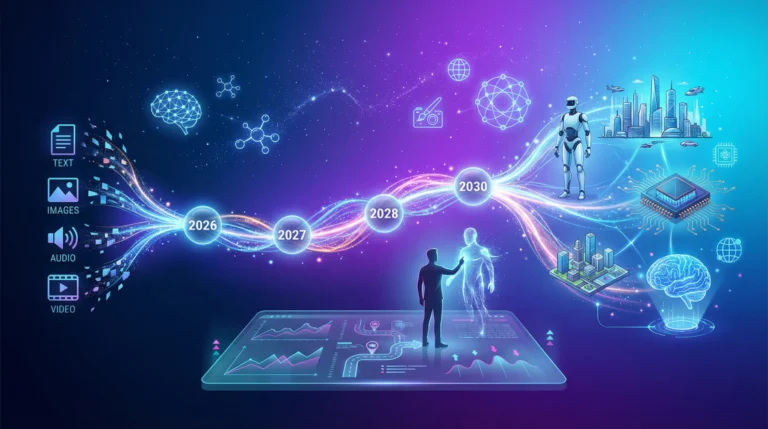 Future of multimodal AI trends and predictions 2026-2030 showing evolution from current capabilities to AGI autonomous systems and transformative applications
