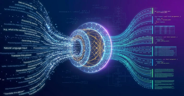 Large language models processing natural language text through transformer architecture neural networks to generate code and structured content for business applications