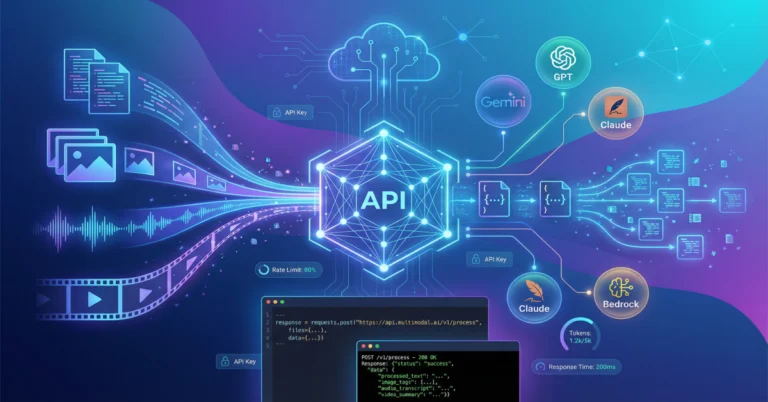 Multimodal AI APIs integration guide 2026 showing unified API architecture processing text images audio and video with authentication rate limits and provider comparison