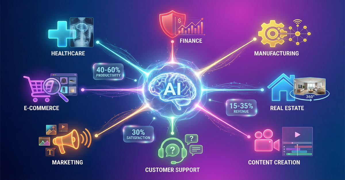 Multimodal AI use cases across eight industries including healthcare diagnostics, e-commerce visual search, marketing automation, customer support, content creation, real estate virtual tours, manufacturing quality control, and financial services with ROI metrics showing 40-60% productivity gains