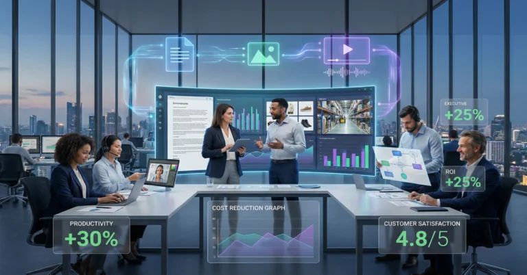 Multimodal AI for business implementation showing cross-functional teams using unified AI dashboard for customer service, marketing content creation, operations automation, and strategic analysis with ROI metrics and productivity gains