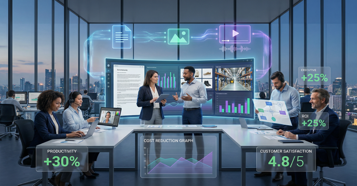 Multimodal AI for business implementation showing cross-functional teams using unified AI dashboard for customer service, marketing content creation, operations automation, and strategic analysis with ROI metrics and productivity gains