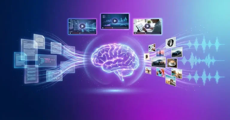 Multimodal AI concept illustration showing text documents, product images, audio waveforms, and video streams converging into intelligent neural network system for business applications