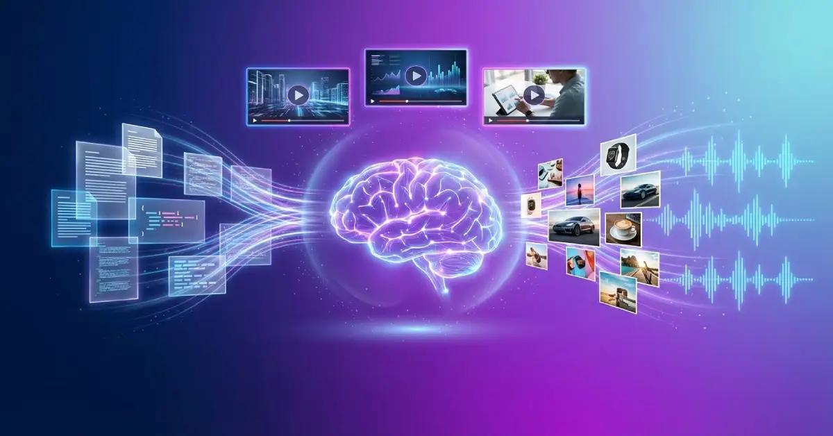 Multimodal AI concept illustration showing text documents, product images, audio waveforms, and video streams converging into intelligent neural network system for business applications