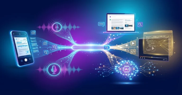 Multimodal search optimization ecosystem showing Google Lens visual search, voice assistant queries, ChatGPT AI results, video content with schema markup, and structured data for comprehensive SEO strategy 2026