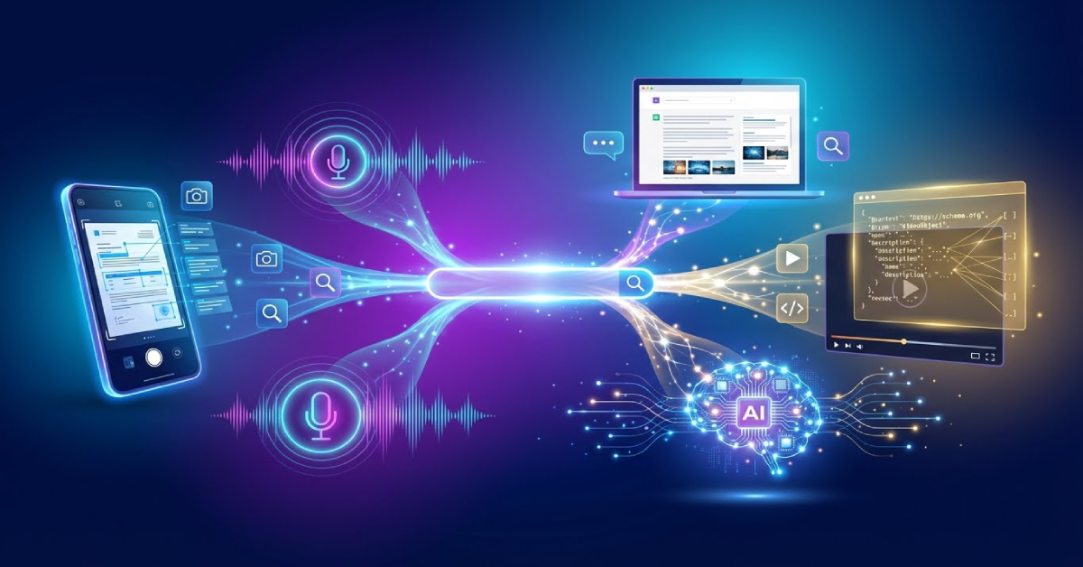 Multimodal search optimization ecosystem showing Google Lens visual search, voice assistant queries, ChatGPT AI results, video content with schema markup, and structured data for comprehensive SEO strategy 2026