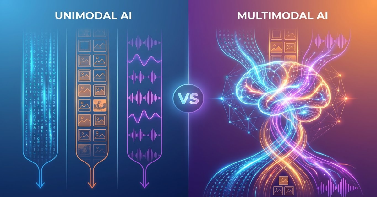 Multimodal vs unimodal AI comparison illustration showing separated single-format data streams for unimodal AI versus integrated multi-format processing with fusion architecture for multimodal AI systems