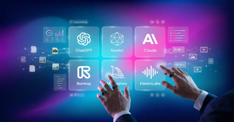 Top 10 multimodal AI tools comparison showing ChatGPT Plus, Google Gemini Advanced, Claude Pro, Runway Gen-3, Midjourney v7, ElevenLabs, and other leading platforms with pricing and features for business and creative workflows