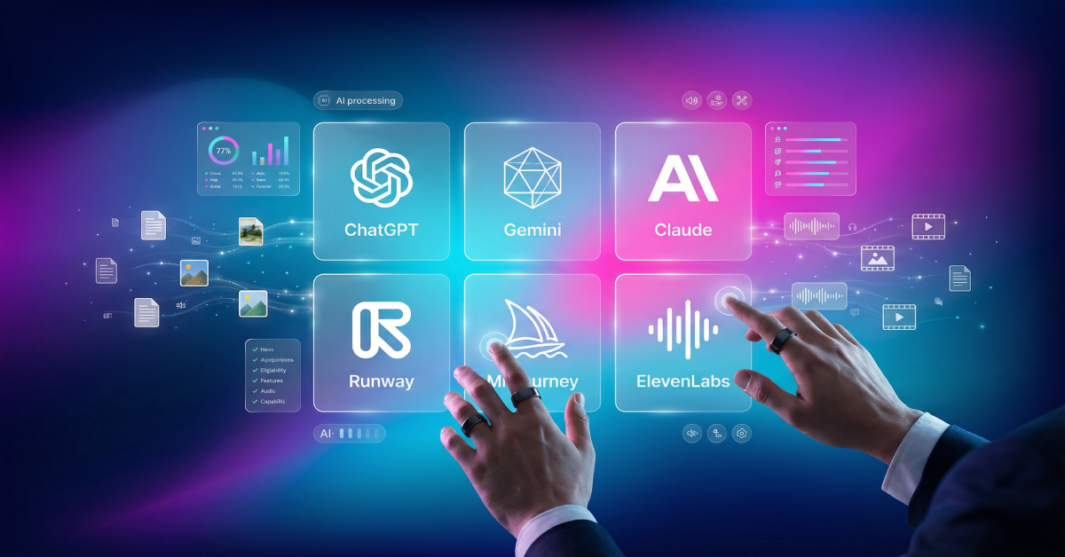 Top 10 multimodal AI tools comparison showing ChatGPT Plus, Google Gemini Advanced, Claude Pro, Runway Gen-3, Midjourney v7, ElevenLabs, and other leading platforms with pricing and features for business and creative workflows
