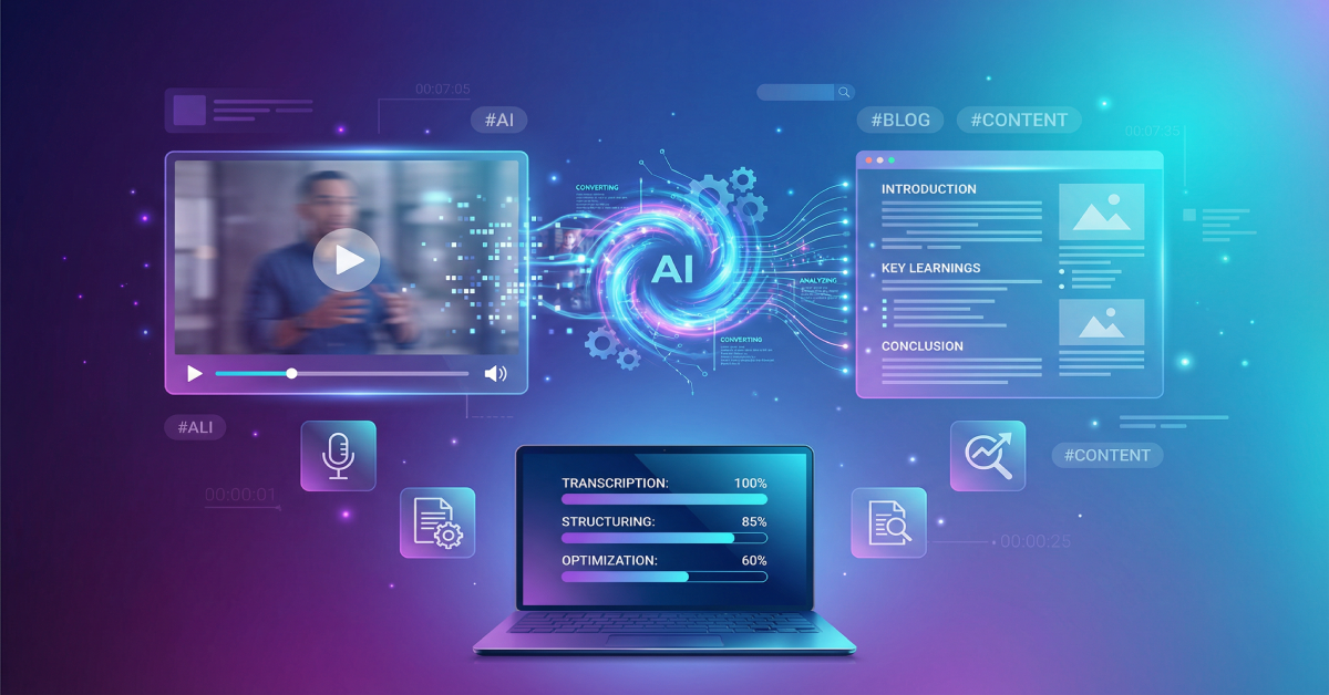 Video to blog AI conversion guide 2026 showing automated workflow transforming video content into SEO-optimized blog posts with transcription and content transformation
