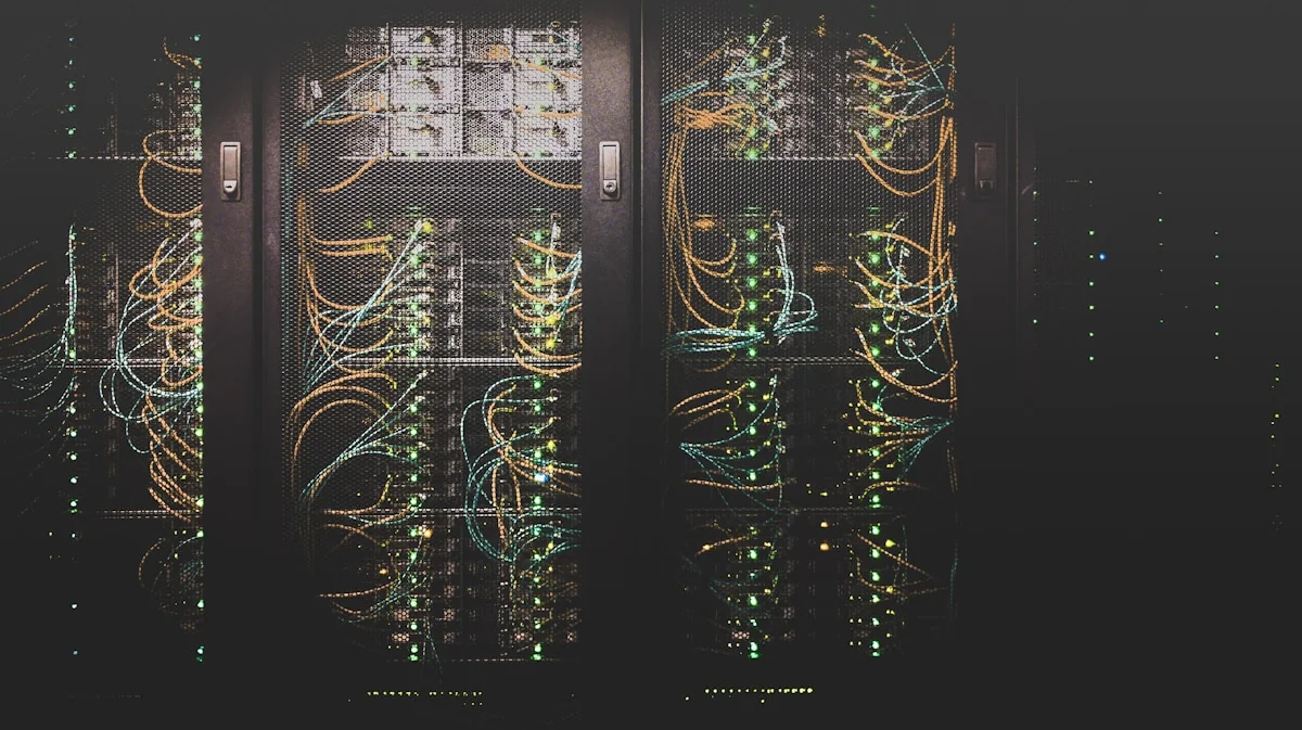 Server rack with network cables in data center — comparison of AI cybersecurity versus traditional firewall and signature-ba
