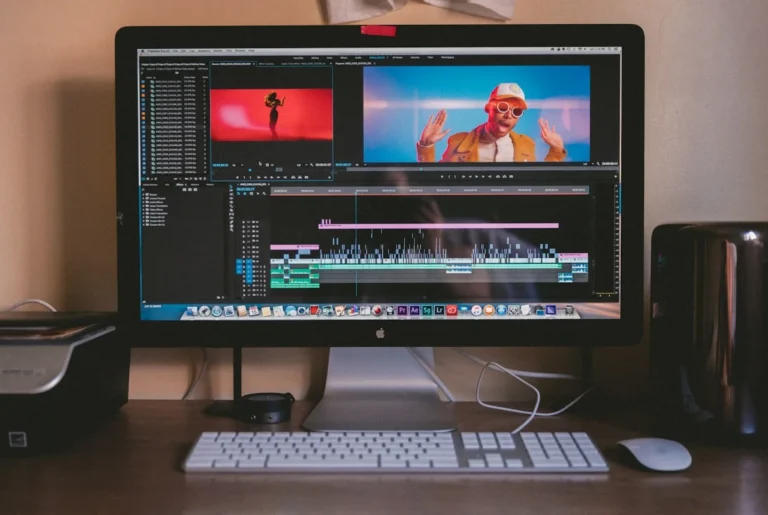 Business team creating Synthesia AI avatar training video on computer 2026