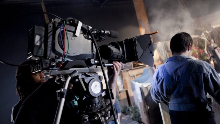 Film production crew operating a camera on set
